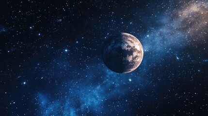 A breathtaking view of Earth, illuminated moon, and scattered stars on a deep blue night sky. 3D rendering of a cosmic scene with our planet and celestial wonders.