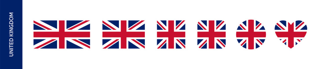 United Kingdom flag icon set. British or UK flag sign in round and square set. Flag of Great Britain or Union Jack in heart and circle