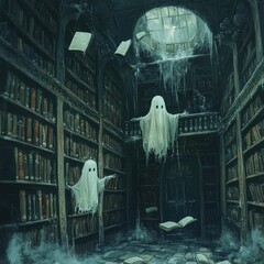 Wall Mural - Two ghosts float among bookshelves in a spooky, abandoned library.