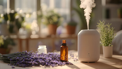 a serene setup featuring an aroma diffuser emitting steam, surrounded by lavender and essential oil 