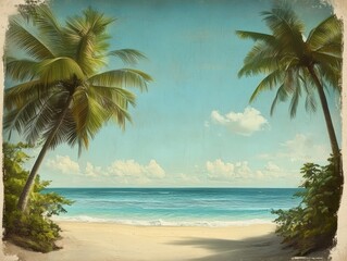 Canvas Print - Two palm trees framing a turquoise ocean beach, vintage style.