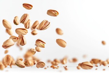 Flying in air fresh raw whole and cracked pistachios isolated on white background. Falling pistachio