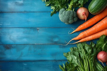 Wall Mural - A variety of fresh vegetables including carrots, spinach, and broccoli lie on a blue wooden table, ready for cooking.