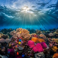 Canvas Print - Vibrant coral reef with sunbeams shining through the water.