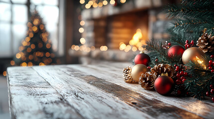 Mockup for product display on white natural wooden table in day light with christmas tree and fireplace on blurred background with copy space