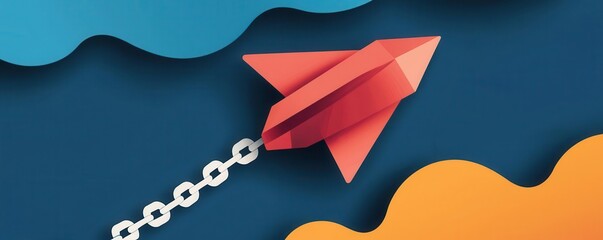 Paper planes and blockchain chains interwoven, representing digital flight, flat design illustration