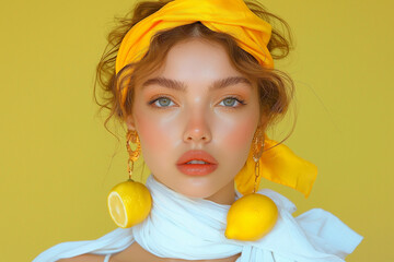 Wall Mural - Beautiful woman in a lemon print headscarf and white outfit, posing confidently with a tropical background. Summery fashion concept with vibrant colors.