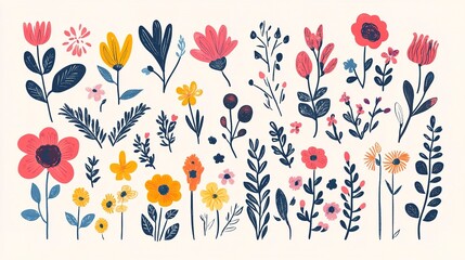 Canvas Print - A set of fun flower and nature design elements. Flat hand drawn vector collection