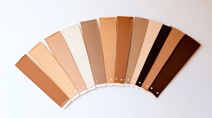 A range of makeup foundation shades displayed in a fan pattern, showcasing a variety of skin tones from light to dark.