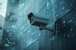 © kinara art design - A CCTV camera mounted on a wall, with a blue light reflection.