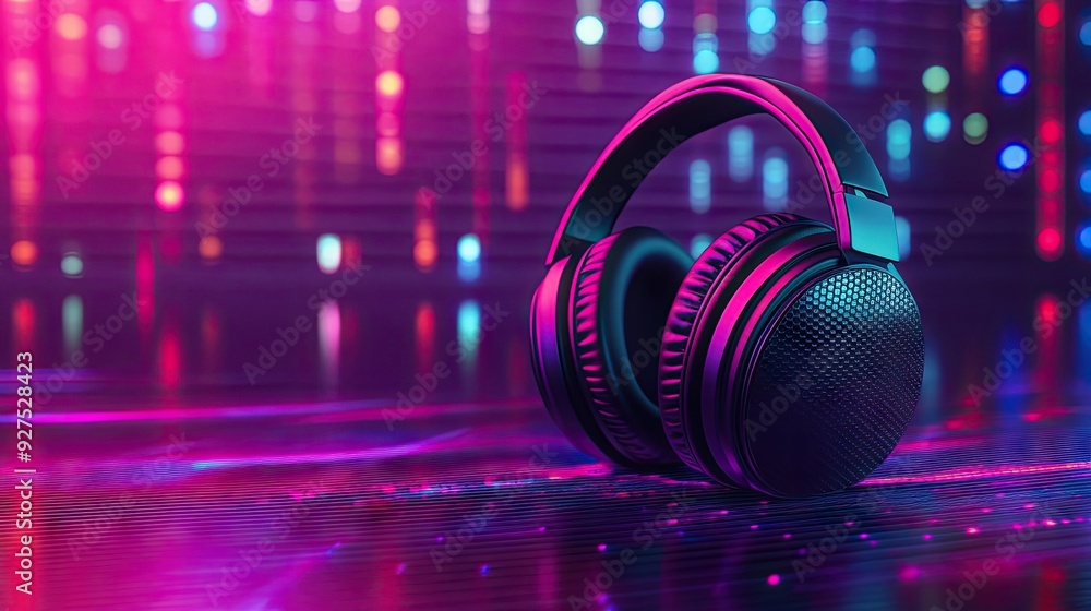 Headphones in 3D on a colorful sound wave background. Modern digital ...