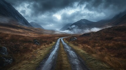 Poster - Winding road through misty mountain valley.