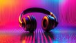 © arthit - Illustration of 3D headphones on a colorful sound wave backdrop. Abstract design representing digital sound and music frequencies with vivid colors.