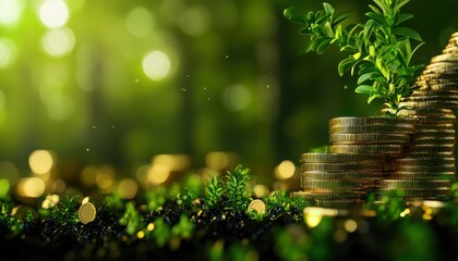 A serene scene showcasing coins stacked with vibrant green leaves, symbolizing growth, prosperity, and financial success in nature.