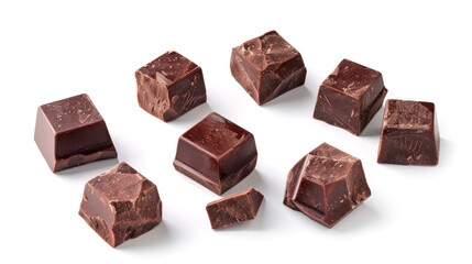 Canvas Print - Delicious dark chocolate pieces scattered on a clean surface. These rich chocolate cubes have a smooth texture and deep color. Perfect for desserts or snacks. AI