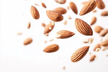 Wall Mural - Flying in air almonds isolated on white background. Falling almond