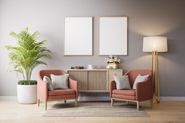 Poster - Vintage style living room with blank picture frame for copy space 3d render decorated with wooden cabinet, orange fabric chair, and palm tree