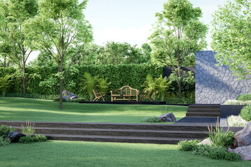 Wall Mural - Modern luxury backyard garden landscape design idea 3d render there are green lawn, black stone walkway step decorated with wooden outdoor furniture , morning sunlight