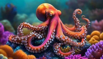 Wall Mural - A colorful squid sitting on a vibrant multicolored coral reef on a blurry background