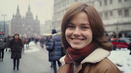 Poster - 1970s woman smiling face on a street