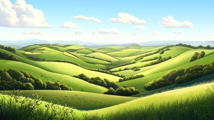 Pastoral scenery with green meadows and soft hills in a vector landscape design. The peaceful countryside panorama captures rural life, fields, and natural grassland terrain.