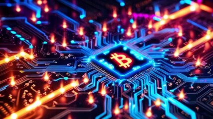 Poster - A close-up of a circuit board with a glowing bitcoin symbol in the center.