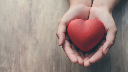 Hands gently holding a red heart, symbolizing love, care, and compassion on a wooden background. Perfect for healthcare, charity, and Valentine's themes.