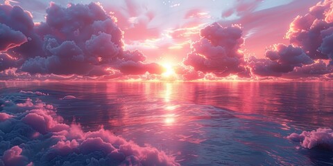 Canvas Print - Pink Sunset Over Ocean with Clouds