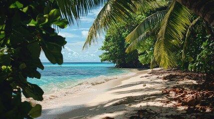 Wall Mural - A tranquil beach scene with turquoise waters gently touching the sandy shore, framed by lush palm trees