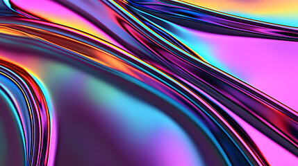 Vibrant abstract holographic background with fluid, glossy curves and vivid neon colors. Perfect for modern designs, tech themes, and artistic projects.