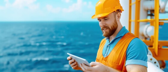 Engineer wearing safety gear uses a tablet on an offshore platform with ocean background. Industrial technology at work.