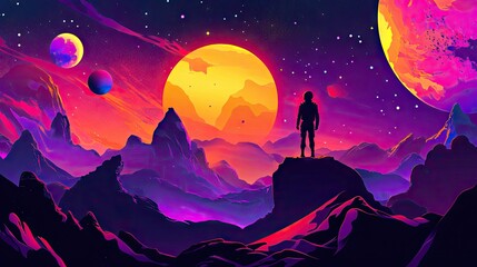 Vector illustration of an adventurous human exploring a mysterious planet, gazing at the vibrant cosmos. Pop art style landscape with colorful, surreal cosmic elements.