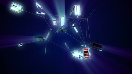 Internet animation. A spreading network of screens or digital tablet devices displaying fictitious websites. All websites are my own design.