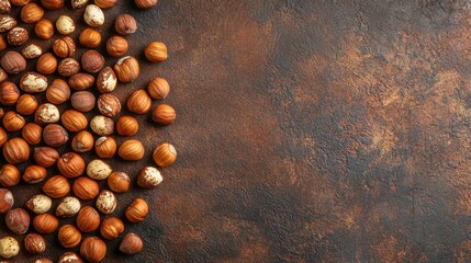 Wall Mural - Hazelnuts nuts in shell on dark background with space for text. Top view