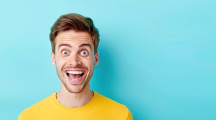 Portrait of a cheerful man with a big smile, wearing a yellow shirt against a turquoise background, expressing joy and excitement.