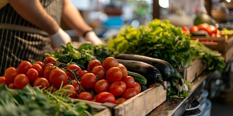 Wall Mural - A variety of fresh vegetables, including tomatoes and herbs, arranged beautifully at a market stall with a person in aprons.