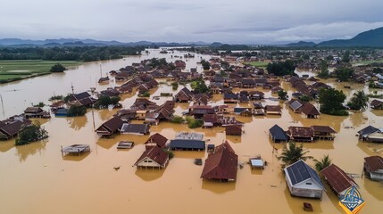 Aerial View of Flooded Village with Only Rooftops Visible Above Water