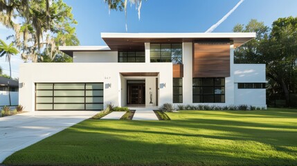 Poster - Modern White House with Lawn and Driveway