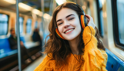 headphones. She is sitting on a train. The scene is bright and cheerful, with the orange jacket and the woman's smile