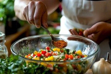 Poster - A person prepares a colorful salad in a spacious kitchen. Fresh vegetables glisten under warm light. This vibrant scene captures the joy of cooking and healthy eating. AI