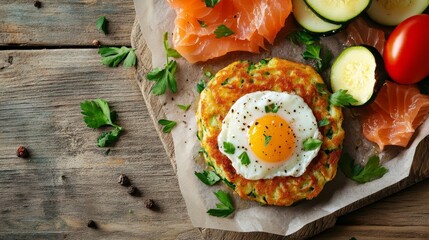 Wall Mural - Zucchini fritters with egg and salmon