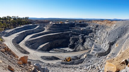 A panoramic view of a bustling open-pit mine.