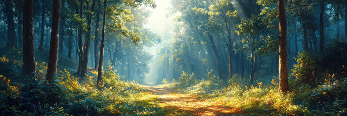 Wall Mural - Forest scene wallpaper with tall trees, dappled sunlight, and a tranquil path.