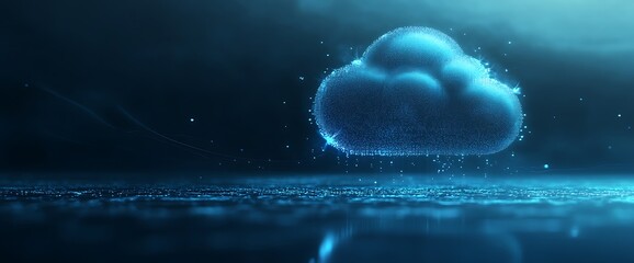 Wall Mural - A glowing blue cloud symbol against a dark blue background, symbolizing the cloud computing concept.