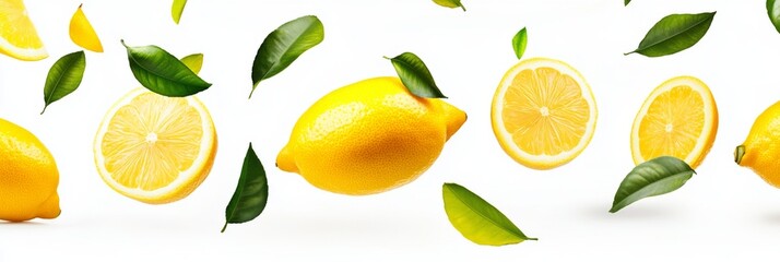 Flying fresh raw whole and sliced lemons with leaves on white background