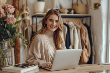 Happy young business owner working in laptop at her clothing store. SME business concept