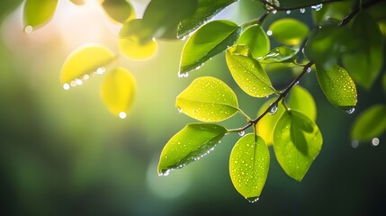 Poster - Sunlit Dew Drops on Green Leaves