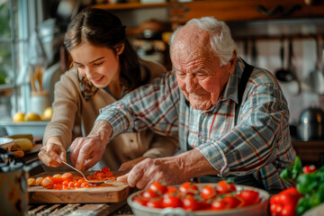 An elderly man cooks food with his granddaughter, a teenage girl learns from the experience in a cozy kitchen