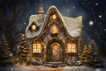 A cozy, fairytale-style cottage with a stone chimney, glowing windows, and snow-covered roof, nestled among trees in a wintery forest.