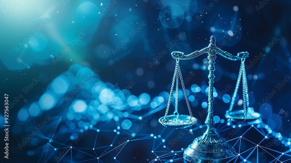 Silver scales of justice with blue bokeh and network background. Stock ...